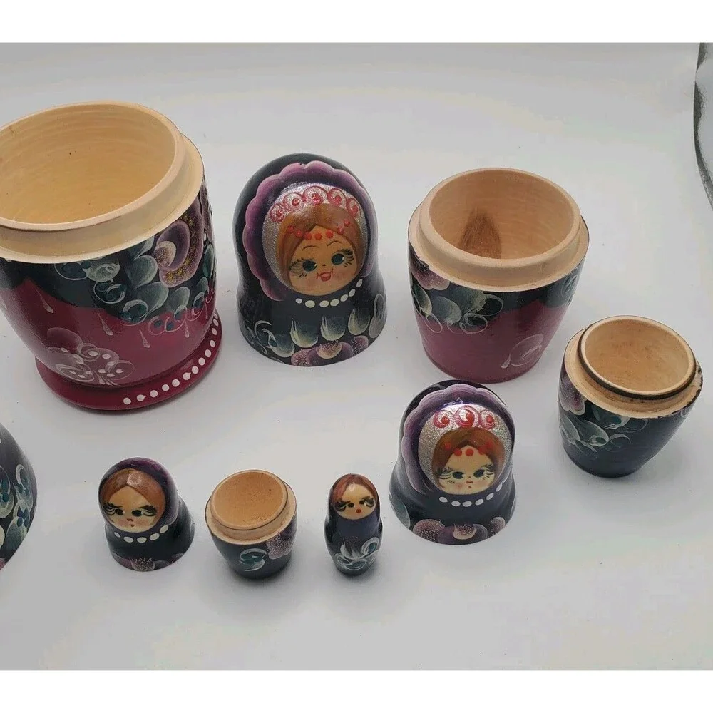 Russian 5 piece Wooden Purple Nesting Dolls Hand Painted Red Flowers Blond Girl